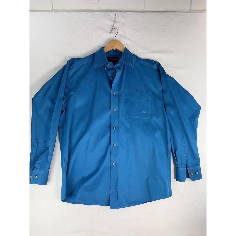 Ariat Shirt Mens Medium Blue Solid Western Pearl Snap Long Sleeve‎ Rodeo